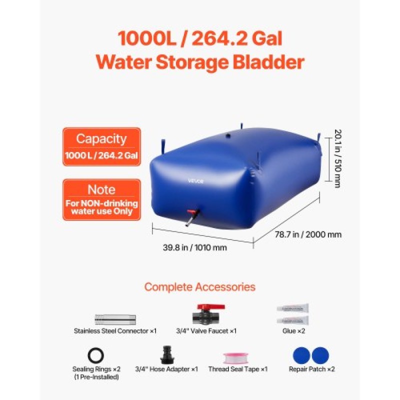 VEVOR Water Storage Bladder 1000L Μεγάλης χωρητικότητας σακούλα νερού, φορητό και πτυσσόμενο δοχείο μαλακών νερών, στεγανό και ανθεκτικό στο σχίσιμο δοχείο αποθήκευσης νερού έκτακτης ανάγκης PVC για RV Truck & σε εξωτερικούς χώρους