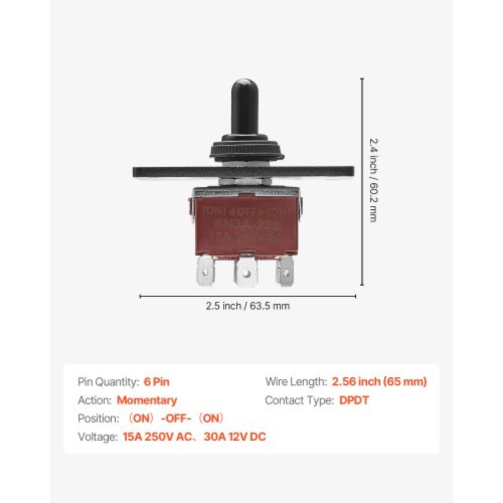 VEVOR Toggle Switch, 6 Pin Momentary Polarity Reversing Toggle Switch (ON)-Off-(ON) DC 12V/30A AC 250V/15A - with Up Down Mounting Panel & Waterproof Boot Cap for Auto Car Marine Boat