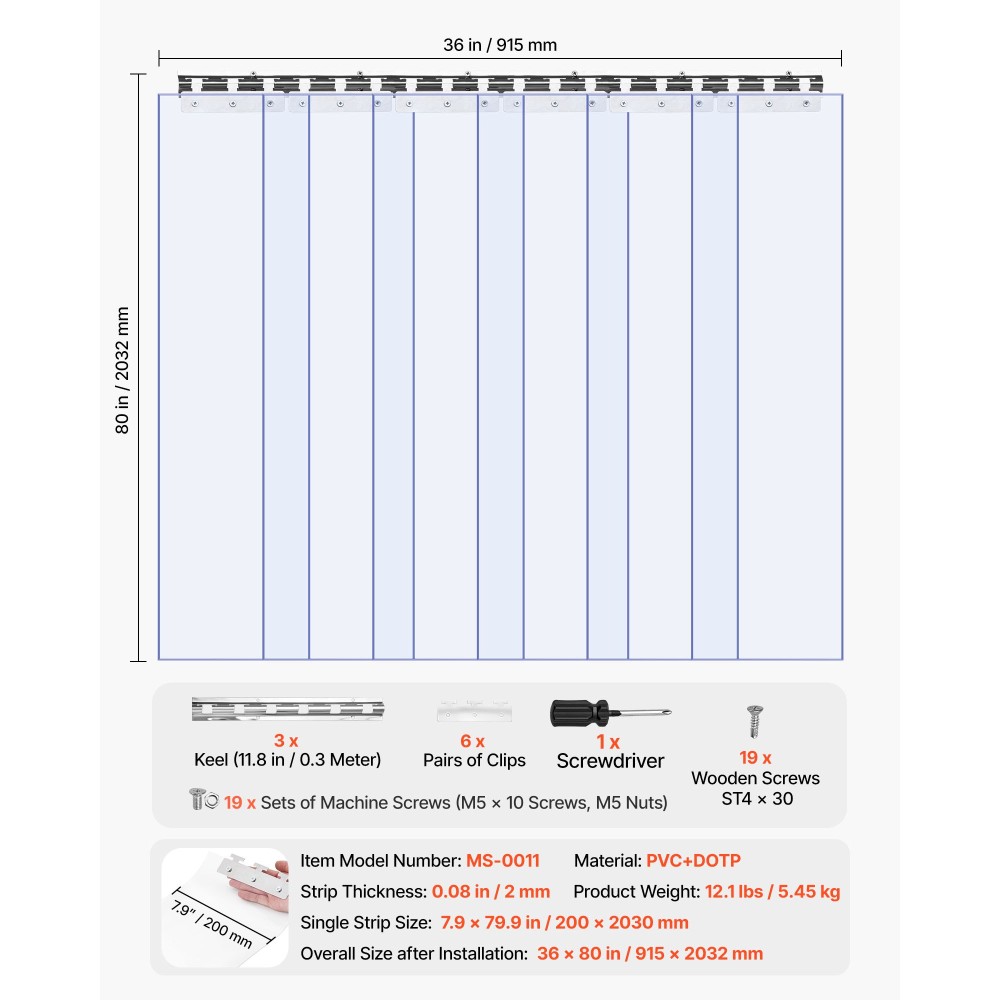 VEVOR Clear PVC λωρίδα κουρτίνας, 2 m Ύψος x 0,9 m Πλάτος x 2 mm Πάχος, 6 ΤΕΜ. Walk in Freezer Cooler Curtain Straps, Λείες αδιάβροχες πλαστικές λωρίδες πόρτας για αποθήκη, καταψύκτη, γκαραζόπορτες