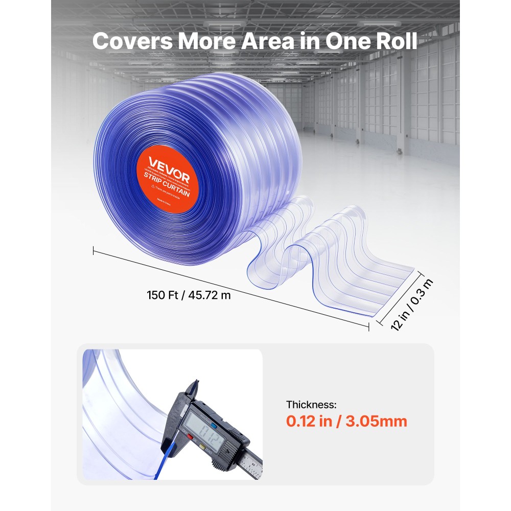 VEVOR Clear PVC λωρίδα κουρτίνας, 45,7 m μήκος x 30,5 cm πλάτος, ραβδωτές πλαστικές λωρίδες πόρτας Μαζικό ρολό, Walk in Freezer Cooler Curtain Straps για πόρτες σούπερ μάρκετ, γκαράζ, αποθήκη, σπίτι ζώων