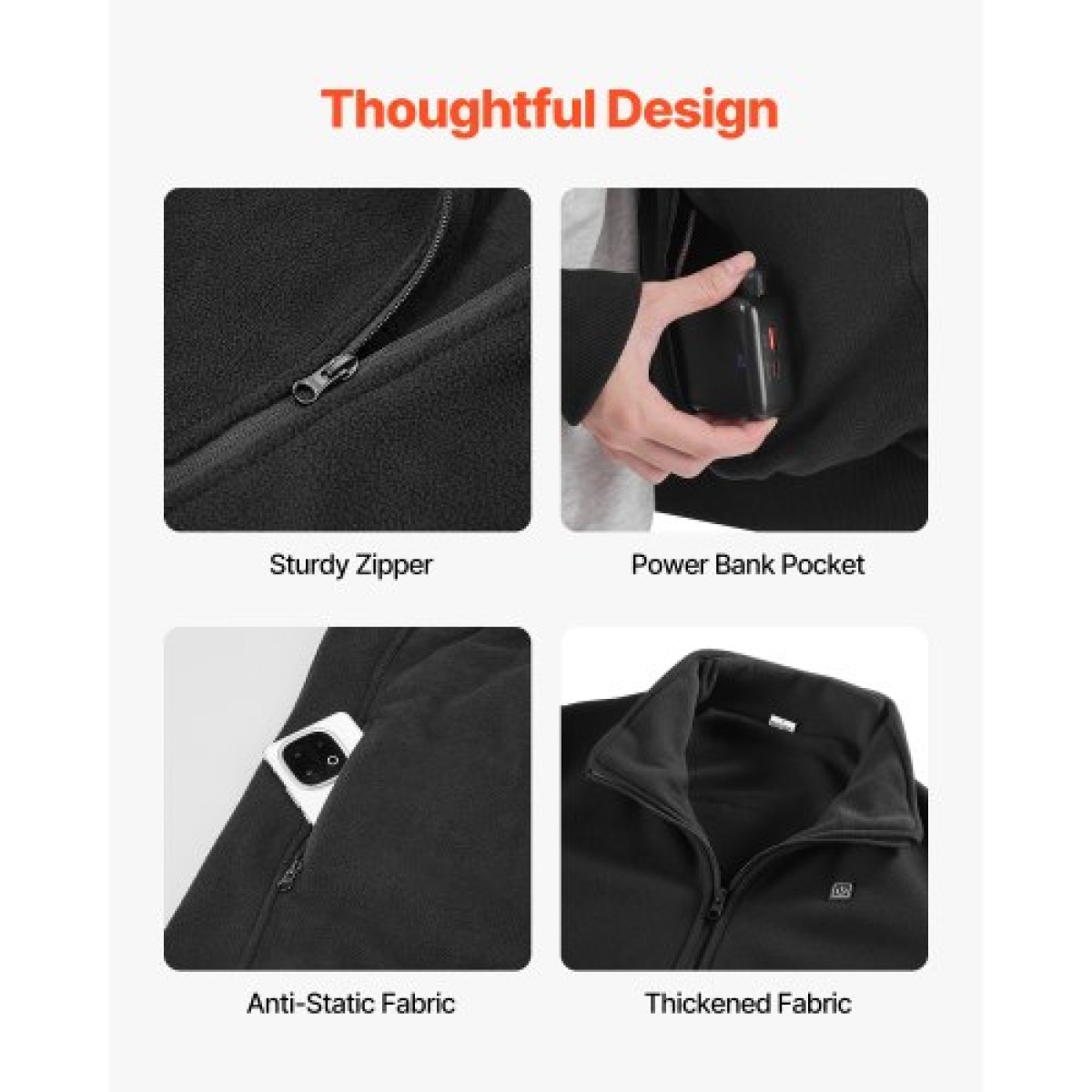 Γυναικείο μπουφάν VEVOR Θερμαινόμενο Fleece, Θερμαινόμενο Φούτερ με 7,4V 16000mAh Rechargeable Power Bank Pack, 6 Ζώνες Θέρμανσης, 3 Επίπεδα Θερμοκρασίας, 3h/6h/10h Warmth, για Χειμερινό Υπαίθριο Κάμπινγκ, Μαύρο