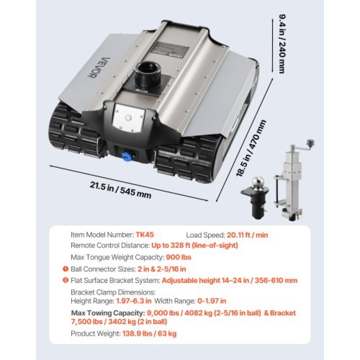 VEVOR Electric Trailer Mover, 4082 kg Μέγιστη ικανότητα ρυμούλκησης, Τηλεκατευθυνόμενος μεταφορέας τρέιλερ με ασύρματη εμβέλεια 100 m, Μηχανοκίνητο κιτ τρόλεϊ τροχόσπιτου ταιριάζει για Camper RV Caravan Boat Trailer Jack