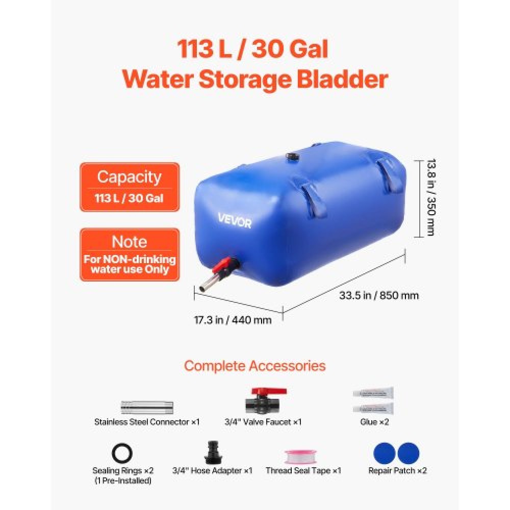 VEVOR Water Storage Bladder 113L Μεγάλης χωρητικότητας τσάντα νερού, φορητό και πτυσσόμενο δοχείο μαλακών νερών, στεγανό και ανθεκτικό στο σχίσιμο PVC δοχείο αποθήκευσης νερού έκτακτης ανάγκης για RV Truck & Υπαίθρια χρήση