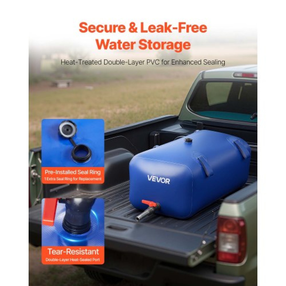 VEVOR Water Storage Bladder 113L Μεγάλης χωρητικότητας τσάντα νερού, φορητό και πτυσσόμενο δοχείο μαλακών νερών, στεγανό και ανθεκτικό στο σχίσιμο PVC δοχείο αποθήκευσης νερού έκτακτης ανάγκης για RV Truck & Υπαίθρια χρήση