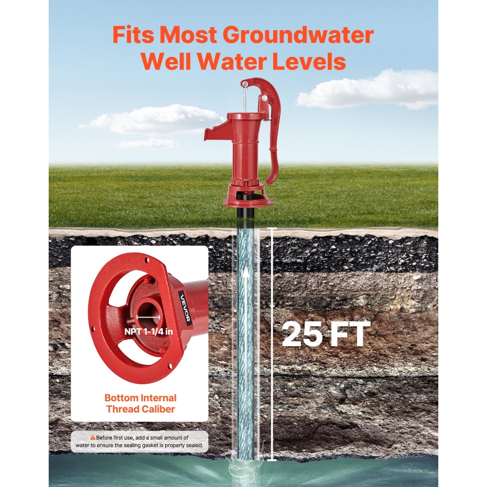 Αντλία VEVOR Well Hand Pitcher Pump, Μέγιστη ανύψωση 25 ποδιών, Χειροκίνητη Αντλία Νερού από Αντίκες Χυτοσίδηρο, NPT 1-1/4 σε σύνδεση, Εύκολη εγκατάσταση, ντεμοντέ για υπαίθριο κήπο, λίμνη, πίσω αυλή, φάρμα, κόκκινο