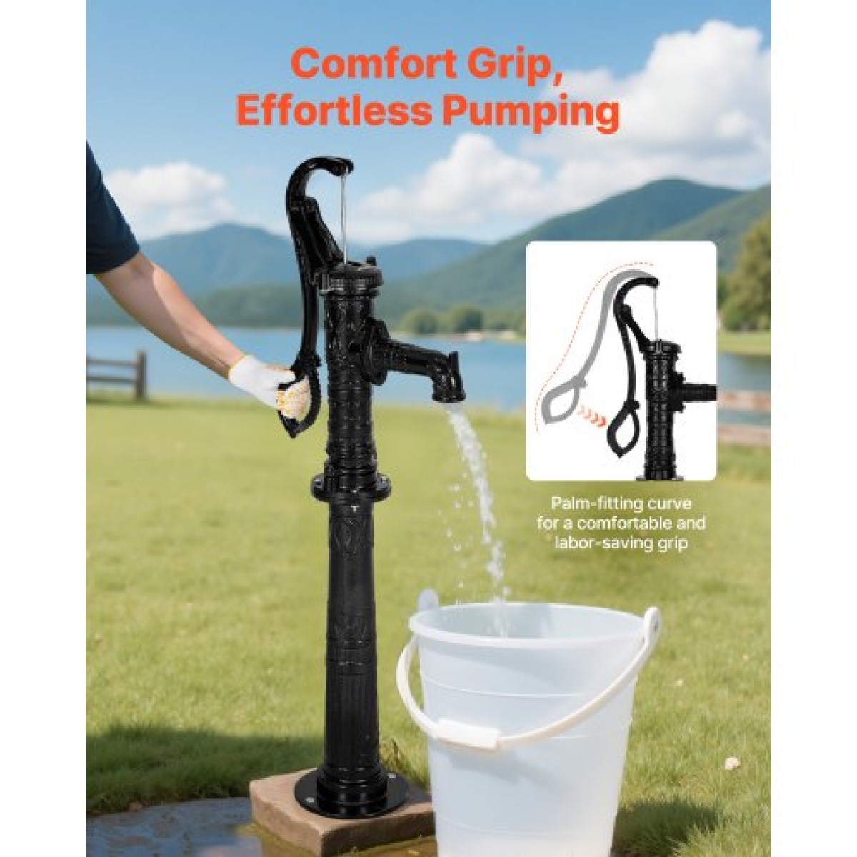 Αντλία VEVOR Well Hand Pitcher Pump, Max Lift 20 ft, Χειροκίνητη Αντλία Νερού από Αντίκες Χυτοσίδηρο με Βάση Ανύψωσης, NPT 1-1/4 σε σύνδεση, Εύκολη εγκατάσταση, για εξωτερικό κήπο, λίμνη, αυλή, αγρόκτημα, μαύρο