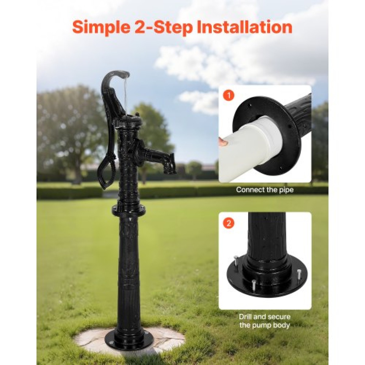 Αντλία VEVOR Well Hand Pitcher Pump, Max Lift 20 ft, Χειροκίνητη Αντλία Νερού από Αντίκες Χυτοσίδηρο με Βάση Ανύψωσης, NPT 1-1/4 σε σύνδεση, Εύκολη εγκατάσταση, για εξωτερικό κήπο, λίμνη, αυλή, αγρόκτημα, μαύρο