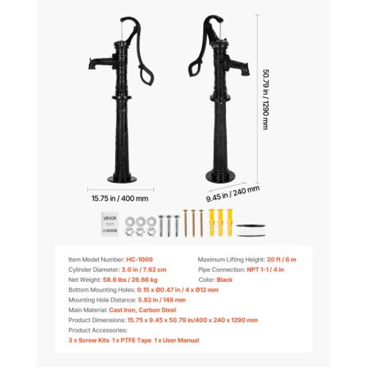 Αντλία VEVOR Well Hand Pitcher Pump, Max Lift 20 ft, Χειροκίνητη Αντλία Νερού από Αντίκες Χυτοσίδηρο με Βάση Ανύψωσης, NPT 1-1/4 σε σύνδεση, Εύκολη εγκατάσταση, για εξωτερικό κήπο, λίμνη, αυλή, αγρόκτημα, μαύρο