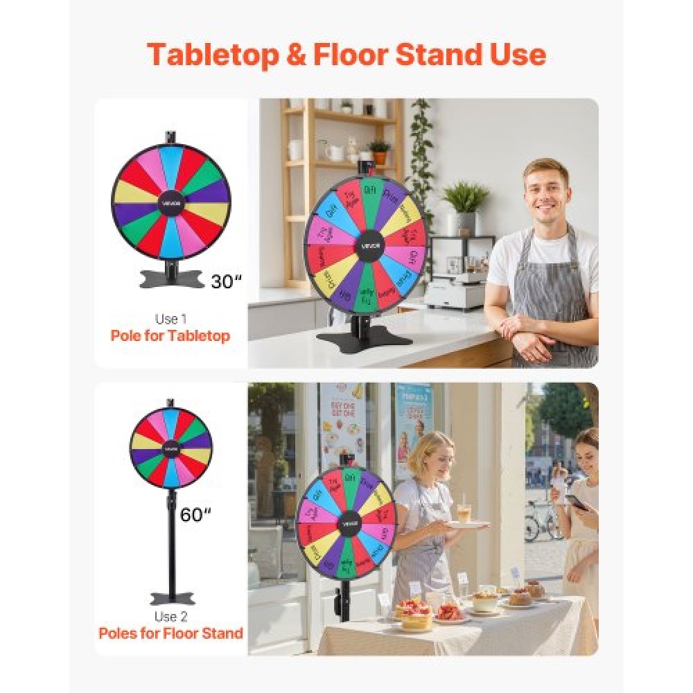 VEVOR 610 mm Spinning Prize Wheel, 14 Slots Spinning Wheel with Stand, Adjustable Height Win Fortune Roulette with a Dry Erase and 2 Markers, 6 Colors, Easy Assembly, for Party Pub Trade Show Carnival