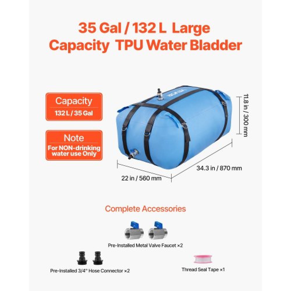 VEVOR Water Storage Bladder, 132L μεγάλης χωρητικότητας TPU Soft Water bag, φορητά και πτυσσόμενα δοχεία αποθήκευσης νερού, στεγανή και ανθεκτική στη φθορά Δεξαμενή νερού RV για χρήση σε κάμπινγκ άρδευσης σε εξωτερικούς χώρους