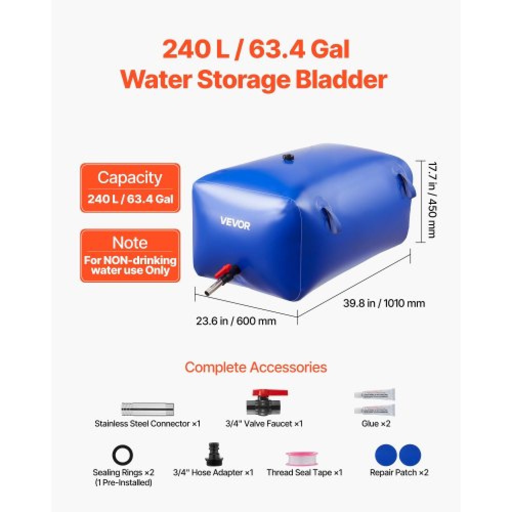 VEVOR Water Storage Bladder 240L Μεγάλης χωρητικότητας τσάντα νερού, φορητό και πτυσσόμενο δοχείο μαλακών νερών, στεγανό και ανθεκτικό στο σχίσιμο δοχείο αποθήκευσης νερού έκτακτης ανάγκης PVC για RV Truck & σε εξωτερικούς χώρους