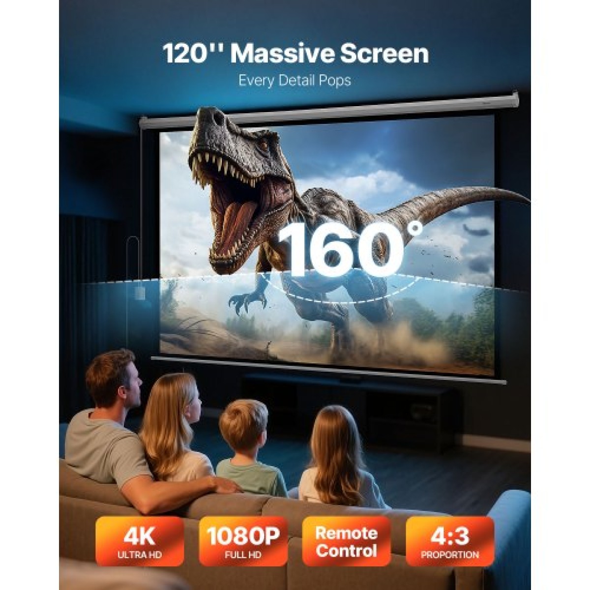 VEVOR Motorized Projector Screen, 3048 mm 4:3 1080 HD Electric Projector Screen, Wall Mounted Projection Dispaly Projector with Remote Control, Automatic Screen Movie for Family Home Office Theatre