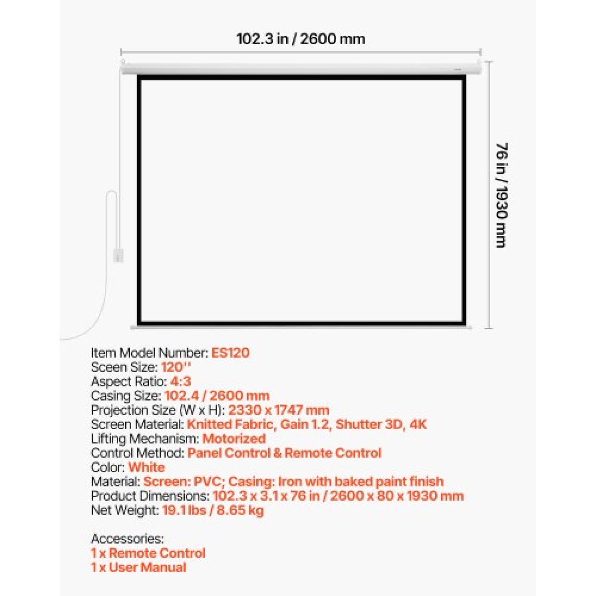 VEVOR Motorized Projector Screen, 3048 mm 4:3 1080 HD Electric Projector Screen, Wall Mounted Projection Dispaly Projector with Remote Control, Automatic Screen Movie for Family Home Office Theatre