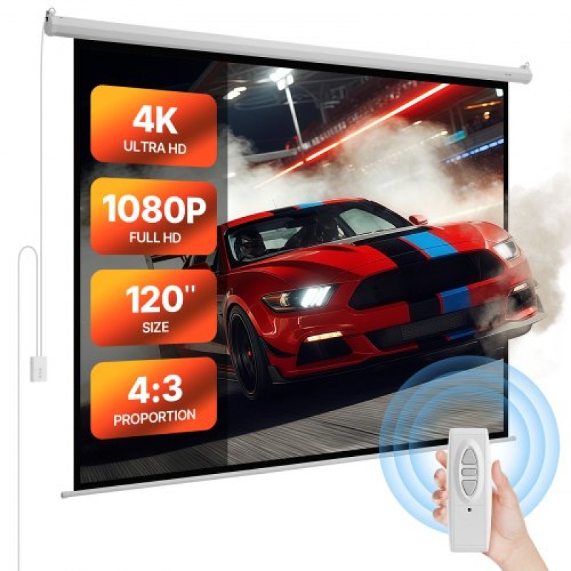 VEVOR Motorized Projector Screen, 3048 mm 4:3 1080 HD Electric Projector Screen, Wall Mounted Projection Dispaly Projector with Remote Control, Automatic Screen Movie for Family Home Office Theatre