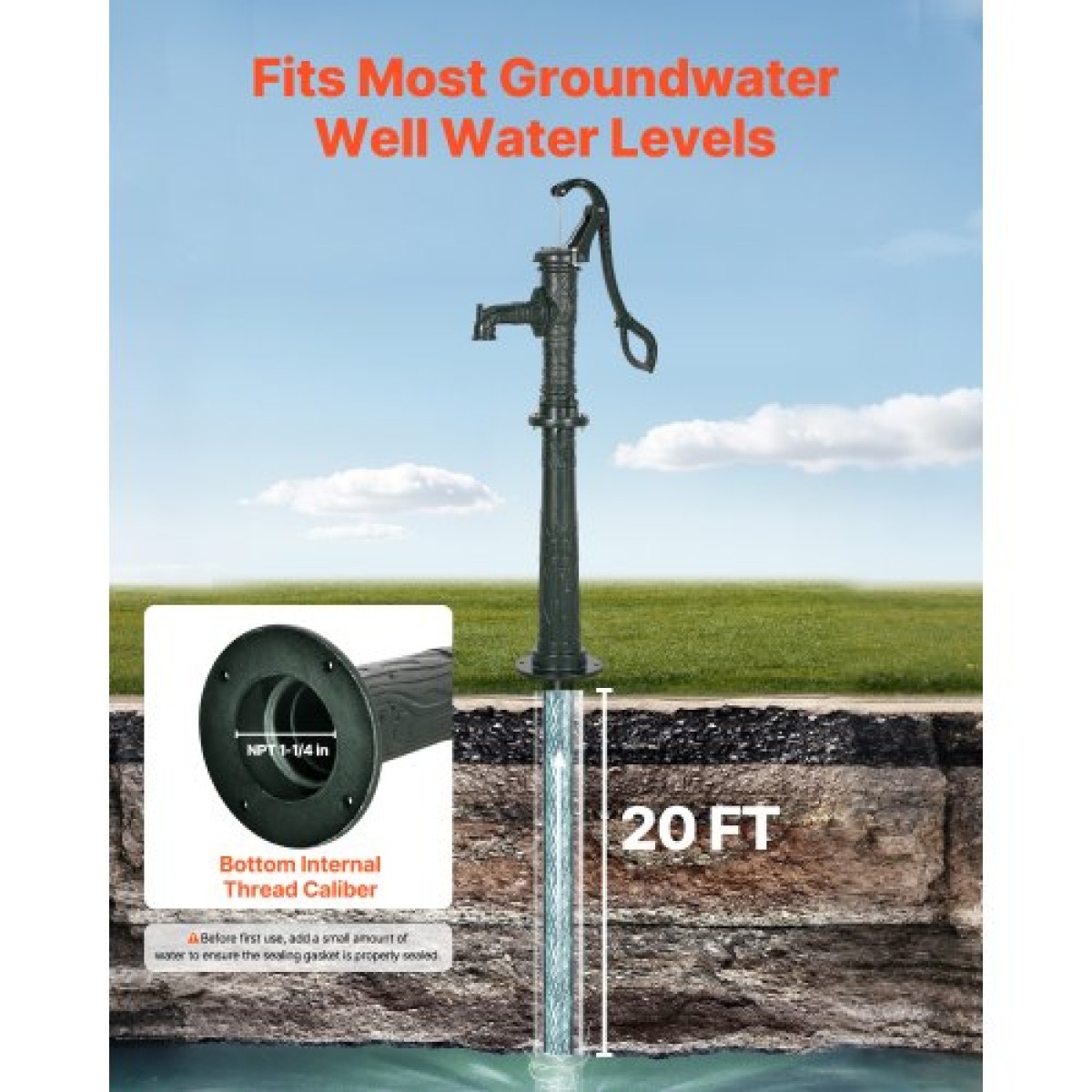 Αντλία VEVOR Well Hand Pitcher Pump, Max Lift 20 ft, Χειροκίνητη Αντλία Νερού από Αντίκες Χυτοσίδηρο με Βάση Ανύψωσης, NPT 1-1/4 σε σύνδεση, Εύκολη εγκατάσταση, για εξωτερικό κήπο, λίμνη, αυλή, αγρόκτημα, πράσινο
