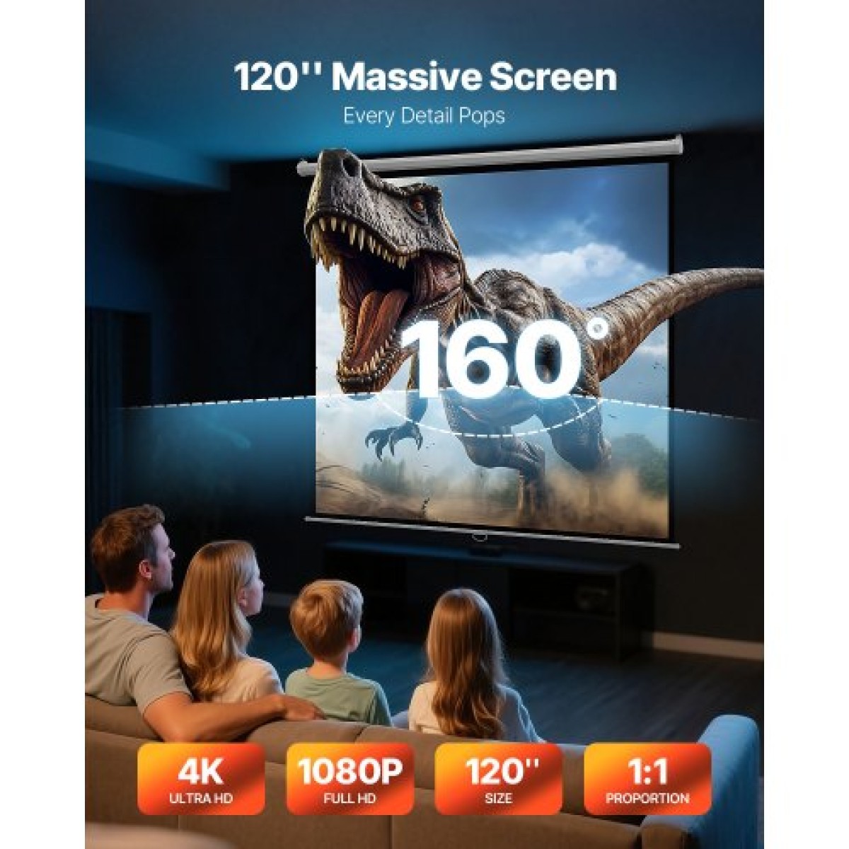VEVOR Manual Projector Screen, 3048 mm 1:1 4K 1080 HD Retractable Pull Down Screen Projector, Wall Mounted Movie Projection with Pull Rope, Portable Display Projetoin for Family Home Office Theatre