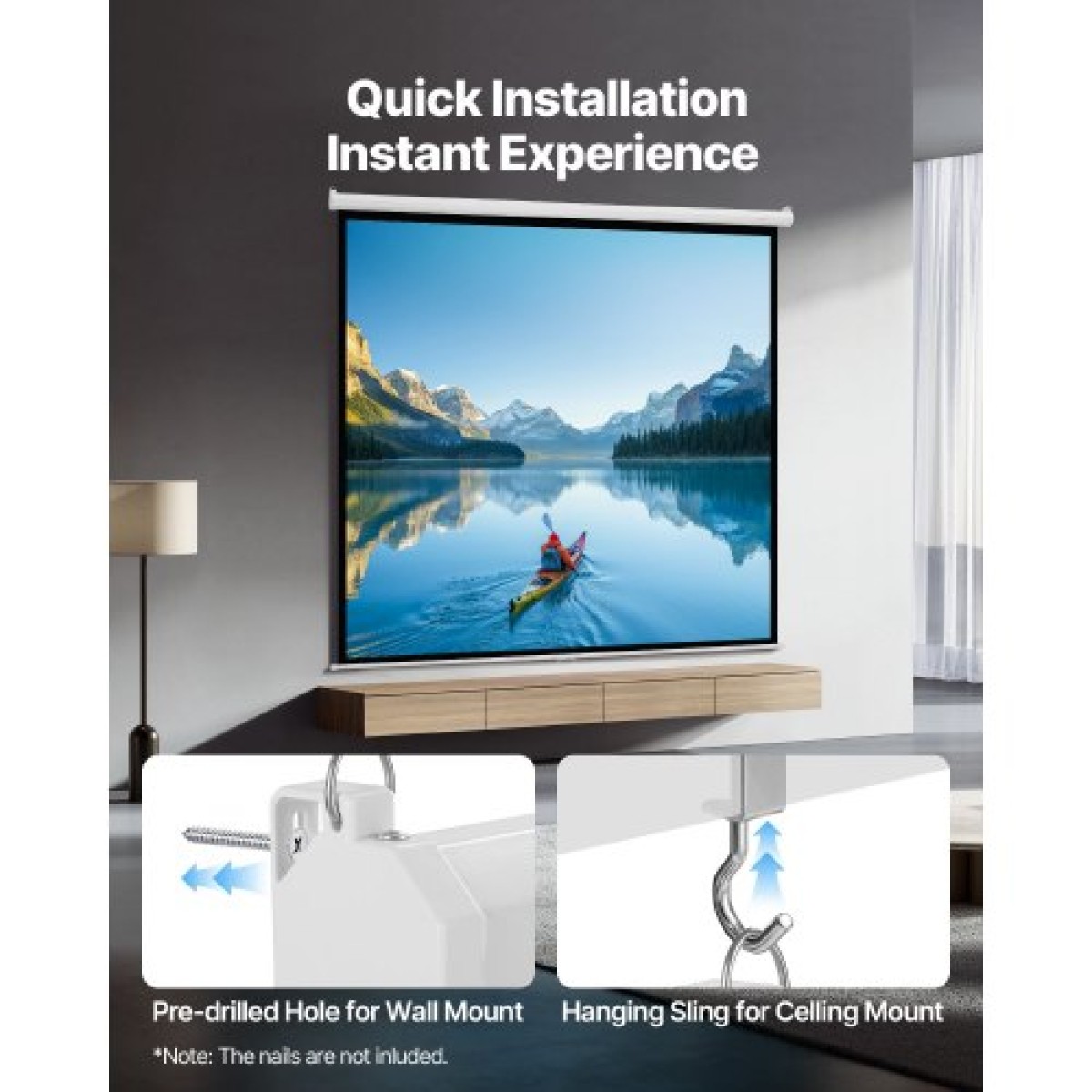 VEVOR Manual Projector Screen, 3048 mm 1:1 4K 1080 HD Retractable Pull Down Screen Projector, Wall Mounted Movie Projection with Pull Rope, Portable Display Projetoin for Family Home Office Theatre