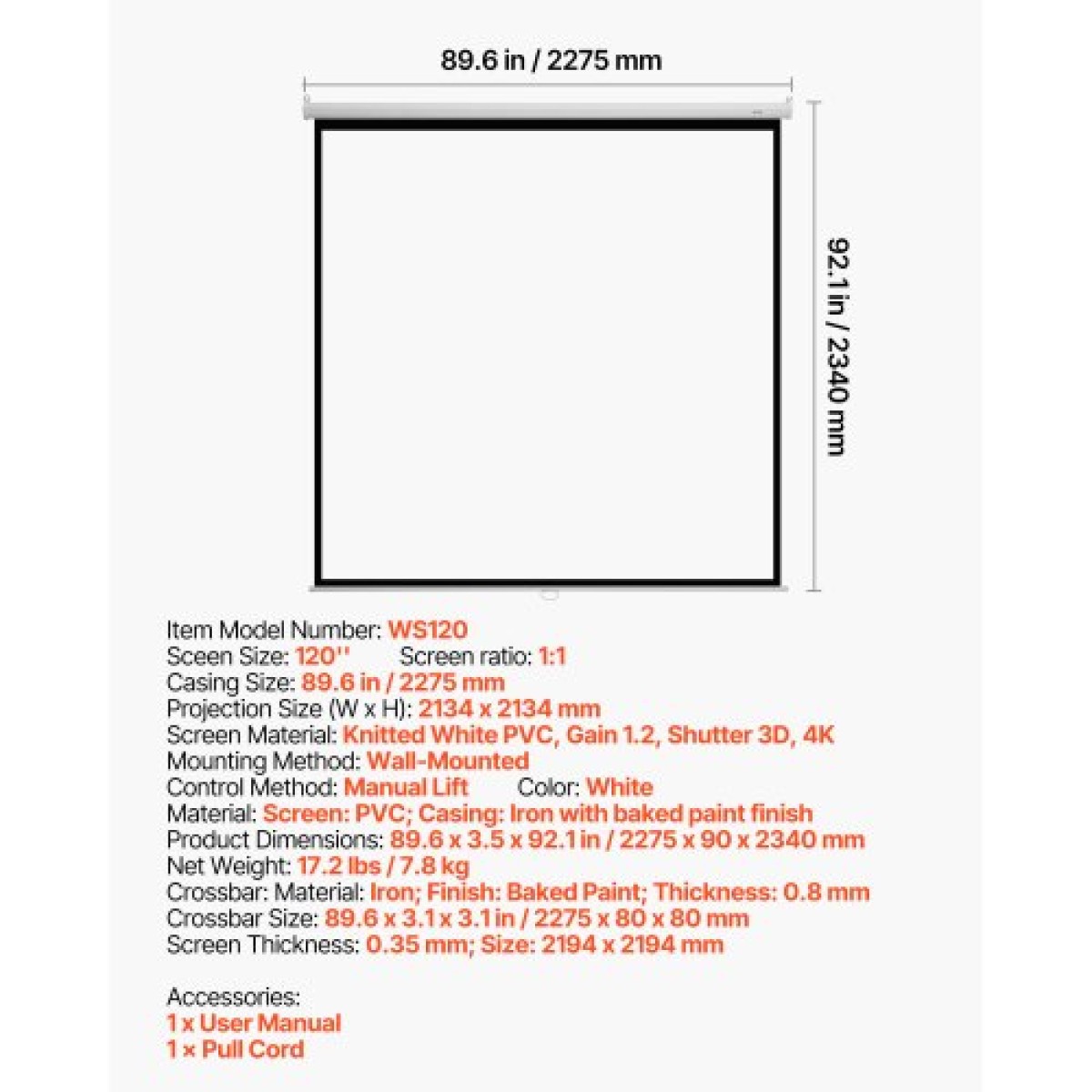VEVOR Manual Projector Screen, 3048 mm 1:1 4K 1080 HD Retractable Pull Down Screen Projector, Wall Mounted Movie Projection with Pull Rope, Portable Display Projetoin for Family Home Office Theatre