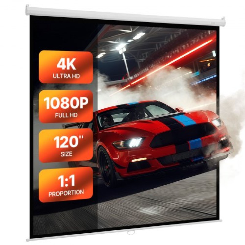 VEVOR Manual Projector Screen, 3048 mm 1:1 4K 1080 HD Retractable Pull Down Screen Projector, Wall Mounted Movie Projection with Pull Rope, Portable Display Projetoin for Family Home Office Theatre