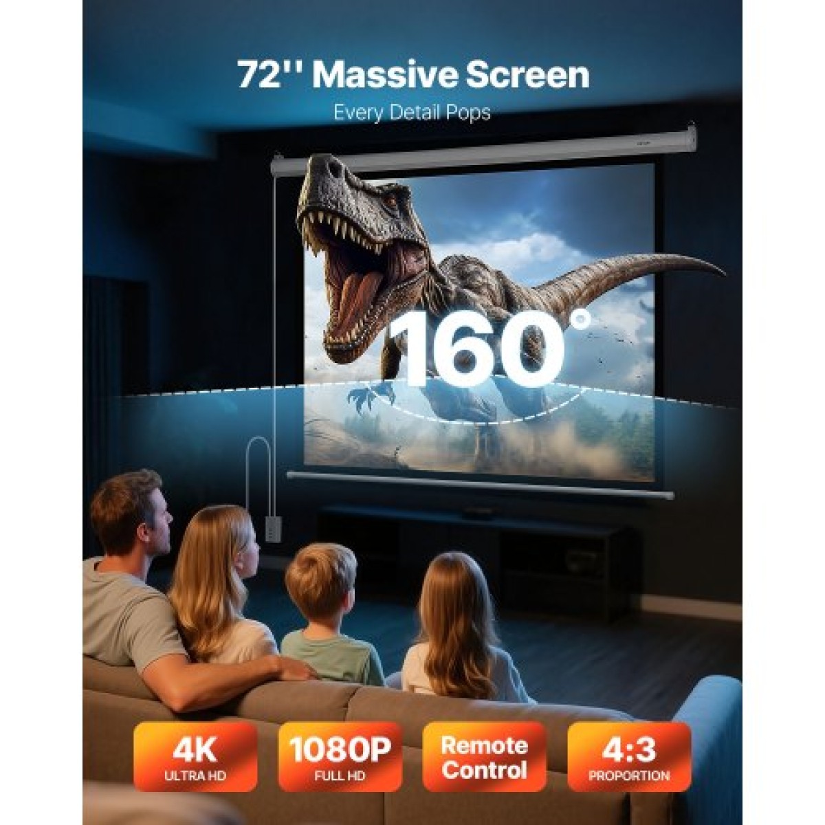 VEVOR Motorized Projector Screen, 1829 mm 4:3 1080 HD Electric Projection Screen, Wall Mounted Projection Dispaly Projector with Remote Control, Automatic Screen Movie for Family Home Office Theatre