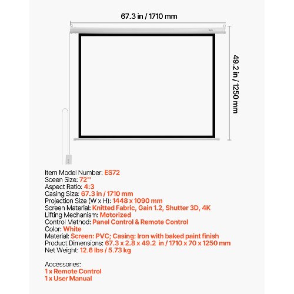 VEVOR Motorized Projector Screen, 1829 mm 4:3 1080 HD Electric Projection Screen, Wall Mounted Projection Dispaly Projector with Remote Control, Automatic Screen Movie for Family Home Office Theatre