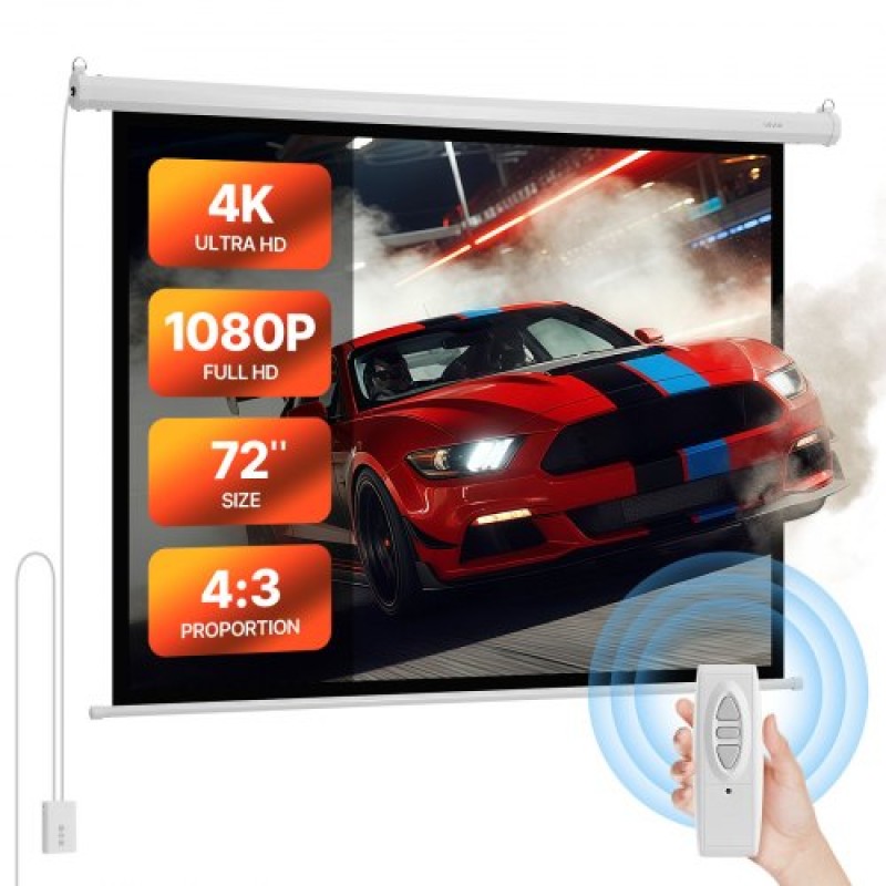 VEVOR Motorized Projector Screen, 1829 mm 4:3 1080 HD Electric Projection Screen, Wall Mounted Projection Dispaly Projector with Remote Control, Automatic Screen Movie for Family Home Office Theatre