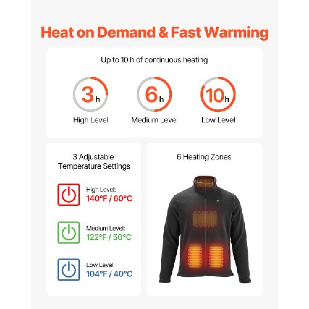 VEVOR Θερμαινόμενο Fleece Jacket για άνδρες, Θερμαινόμενο φούτερ με 7,4V 16000mAh Rechargeable Power Bank Pack, 6 Ζώνες Θέρμανσης, 3 Επίπεδα Θερμοκρασίας, 3h/6h/10h Warmth, για Χειμερινό Υπαίθριο Κάμπινγκ, Μαύρο