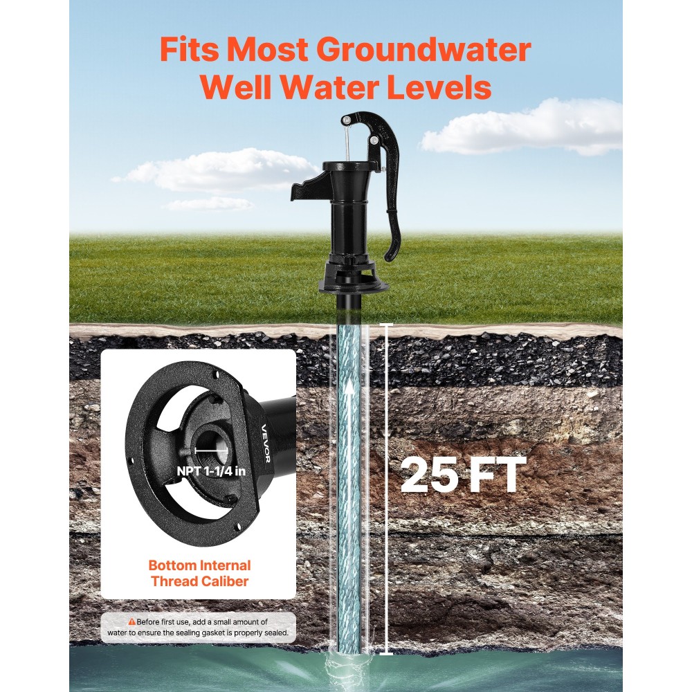 Αντλία VEVOR Well Hand Pitcher Pump, Maximum Lift 25 ft, Χειροκίνητη Αντλία Νερού από Αντίκες Χυτοσίδηρο, NPT 1-1/4 σε σύνδεση, Εύκολη εγκατάσταση, ντεμοντέ για υπαίθριο κήπο, λίμνη, πίσω αυλή, αγρόκτημα, μαύρο