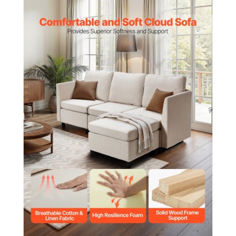 VEVOR Modular Sectional Καναπές, 3θέσιος Modular Καναπές με Κρυφό Αποθηκευτικό Καναπέ, Cloud Sectional Καναπές με Ottoman & High Rebound Sponge, Μασίφ ξύλινο πλαίσιο με επένδυση Καναπές για σαλόνι, υπνοδωμάτιο, μπεζ