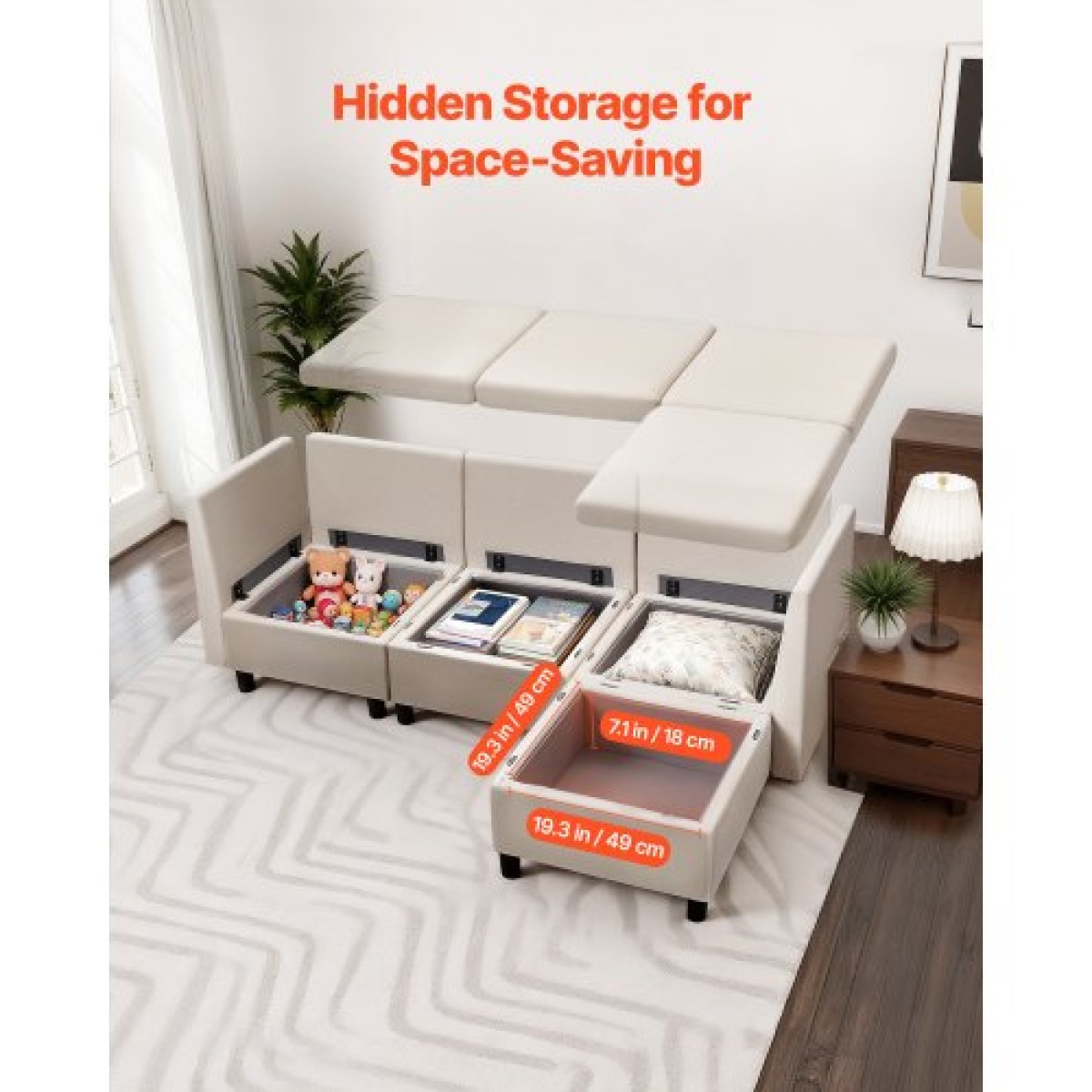 VEVOR Modular Sectional Καναπές, 3θέσιος Modular Καναπές με Κρυφό Αποθηκευτικό Καναπέ, Cloud Sectional Καναπές με Ottoman & High Rebound Sponge, Μασίφ ξύλινο πλαίσιο με επένδυση Καναπές για σαλόνι, υπνοδωμάτιο, μπεζ