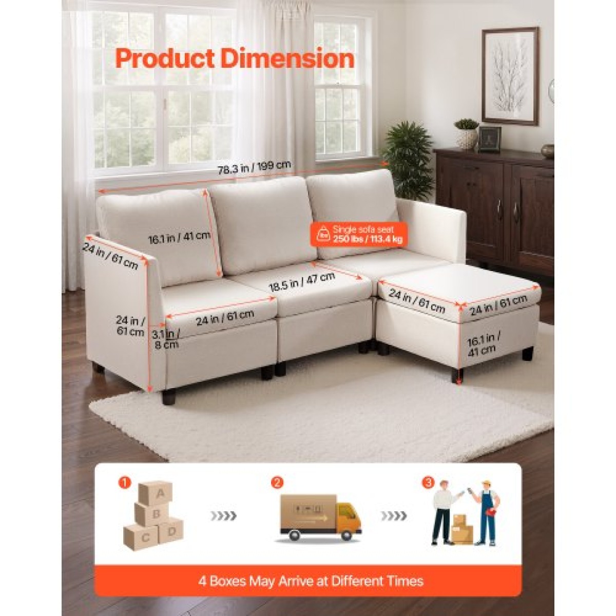 VEVOR Modular Sectional Καναπές, 3θέσιος Modular Καναπές με Κρυφό Αποθηκευτικό Καναπέ, Cloud Sectional Καναπές με Ottoman & High Rebound Sponge, Μασίφ ξύλινο πλαίσιο με επένδυση Καναπές για σαλόνι, υπνοδωμάτιο, μπεζ