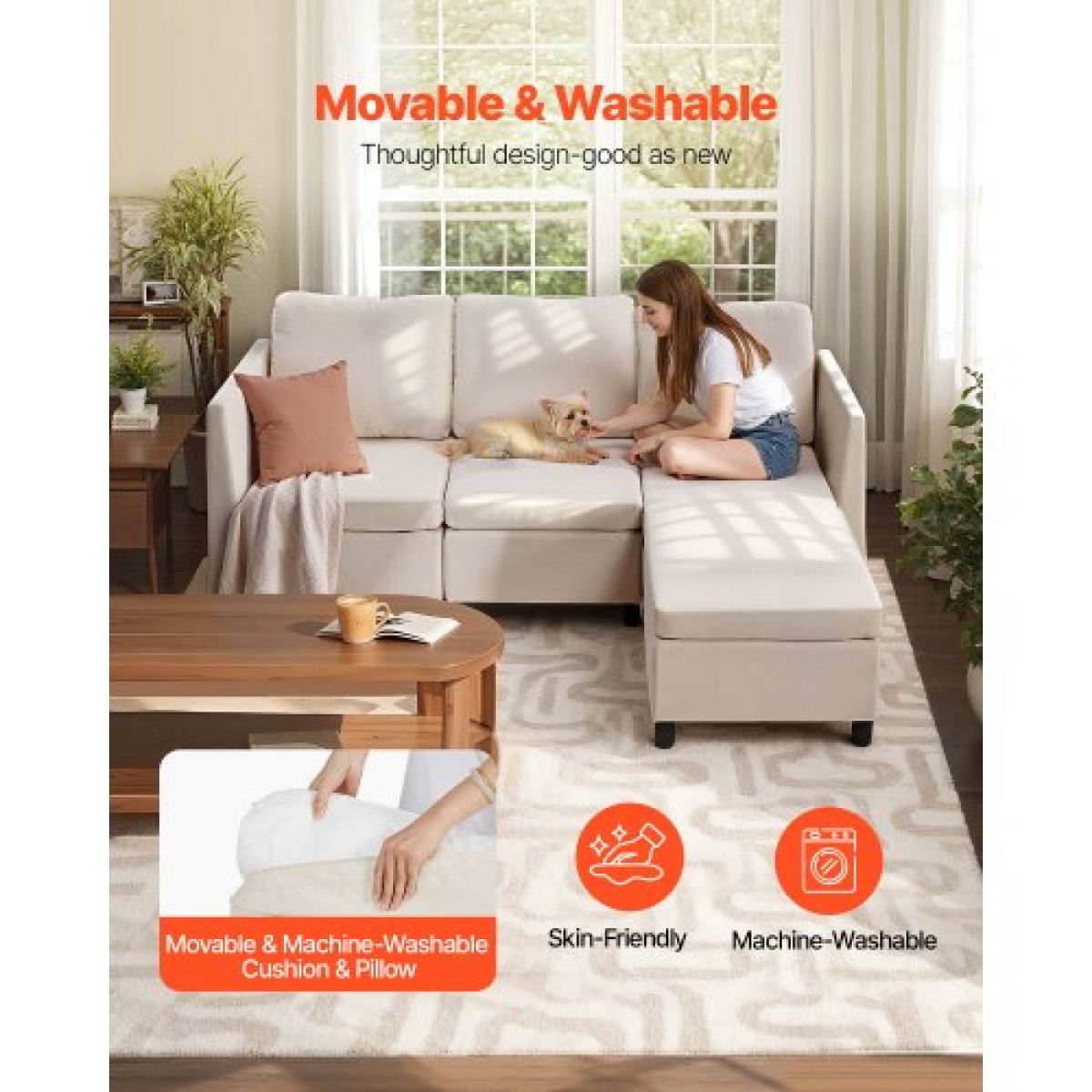 VEVOR Modular Sectional Καναπές, 3θέσιος Modular Καναπές με Κρυφό Αποθηκευτικό Καναπέ, Cloud Sectional Καναπές με Ottoman & High Rebound Sponge, Μασίφ ξύλινο πλαίσιο με επένδυση Καναπές για σαλόνι, υπνοδωμάτιο, μπεζ