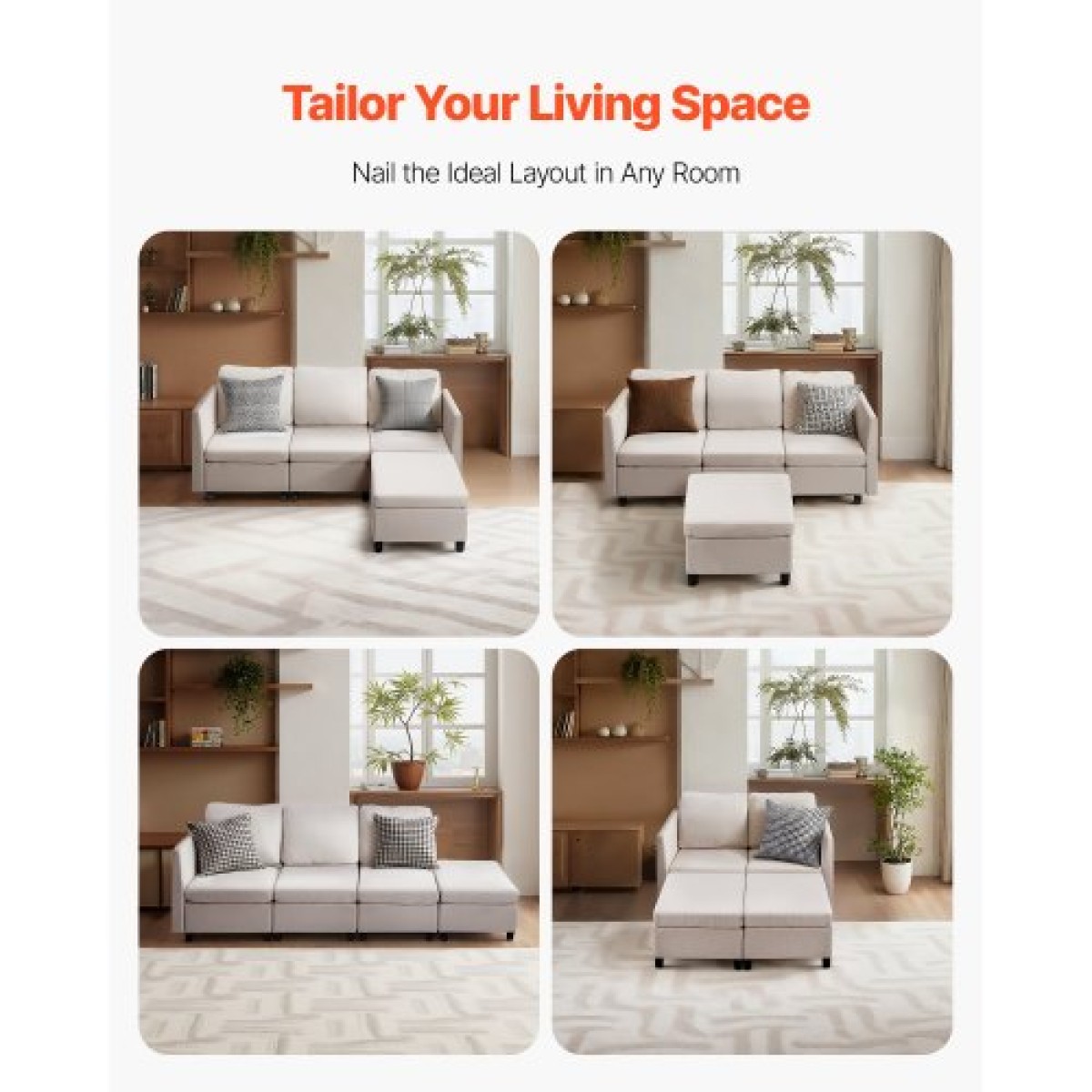 VEVOR Modular Sectional Καναπές, 3θέσιος Modular Καναπές με Κρυφό Αποθηκευτικό Καναπέ, Cloud Sectional Καναπές με Ottoman & High Rebound Sponge, Μασίφ ξύλινο πλαίσιο με επένδυση Καναπές για σαλόνι, υπνοδωμάτιο, μπεζ