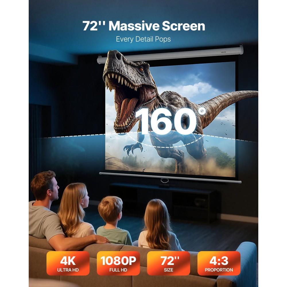 VEVOR Manual Projector Screen, 1829 mm 4:3 4K 1080 HD Retractable Pull Down Screen Projector, Wall Mounted Movie Projection with Pull Rope, Portable Display Projetoin for Family Home Office Theatre