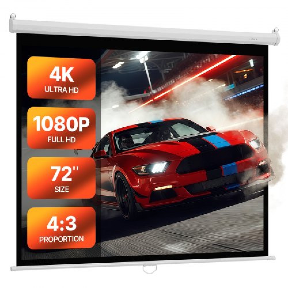 VEVOR Manual Projector Screen, 1829 mm 4:3 4K 1080 HD Retractable Pull Down Screen Projector, Wall Mounted Movie Projection with Pull Rope, Portable Display Projetoin for Family Home Office Theatre