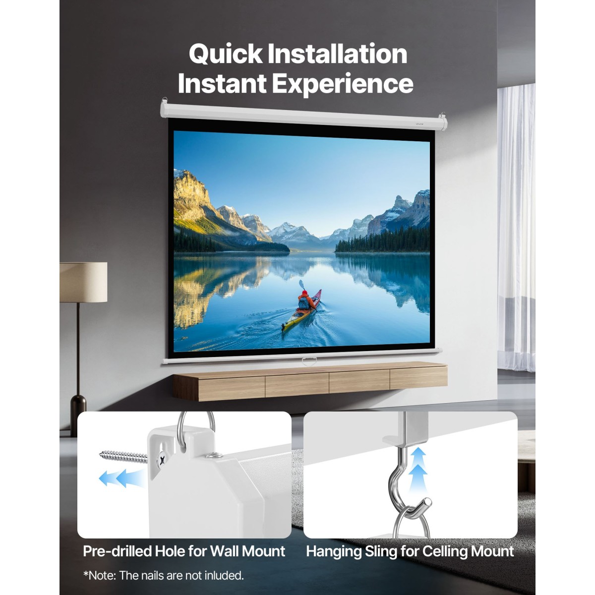 VEVOR Manual Projector Screen, 1829 mm 4:3 4K 1080 HD Retractable Pull Down Screen Projector, Wall Mounted Movie Projection with Pull Rope, Portable Display Projetoin for Family Home Office Theatre