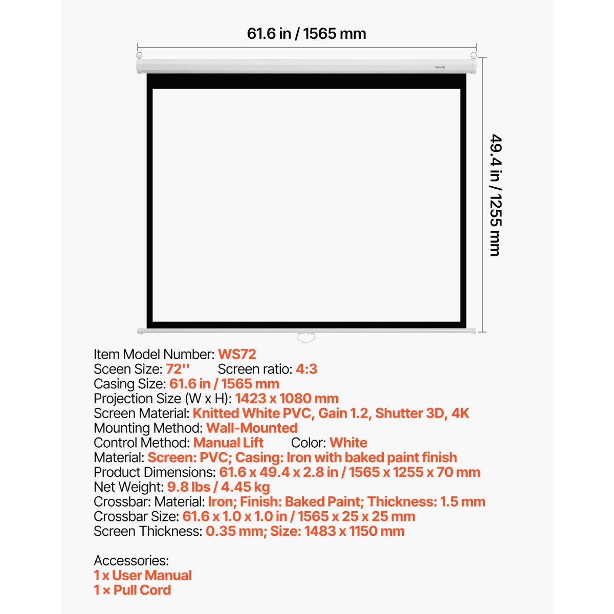 VEVOR Manual Projector Screen, 1829 mm 4:3 4K 1080 HD Retractable Pull Down Screen Projector, Wall Mounted Movie Projection with Pull Rope, Portable Display Projetoin for Family Home Office Theatre
