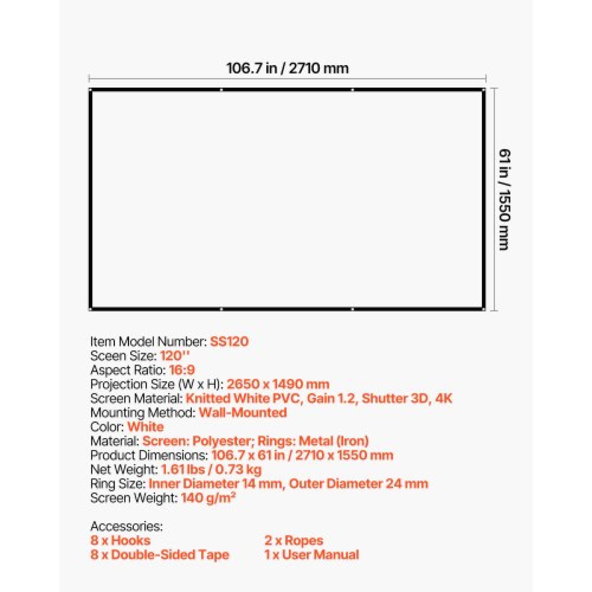Οθόνη VEVOR Projector Screen 3048 mm 16:9 4K 1080 HD Projection Screen, Wall Mounted Projection Dispaly Projector με 8 άγκιστρα και ταινίες διπλής όψης, φορητός καμβάς Moive για Family Home Office Theatre