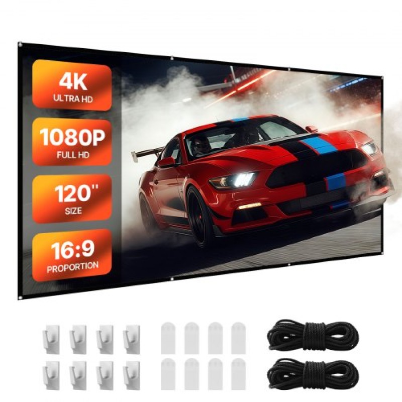 Οθόνη VEVOR Projector Screen 3048 mm 16:9 4K 1080 HD Projection Screen, Wall Mounted Projection Dispaly Projector με 8 άγκιστρα και ταινίες διπλής όψης, φορητός καμβάς Moive για Family Home Office Theatre