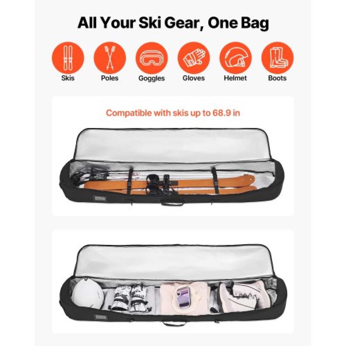 Τσάντα VEVOR Snowboard, έως 65 ίντσες/165 cm, τσάντα με επένδυση για σκι και σνόουμπορντ για αεροπορικά ταξίδια, 600D αδιάβροχο ύφασμα Oxford, με ρυθμιζόμενους εσωτερικούς ιμάντες, για μπότες κράνους γυαλιά γυαλιά για σκι (Μαύρο)