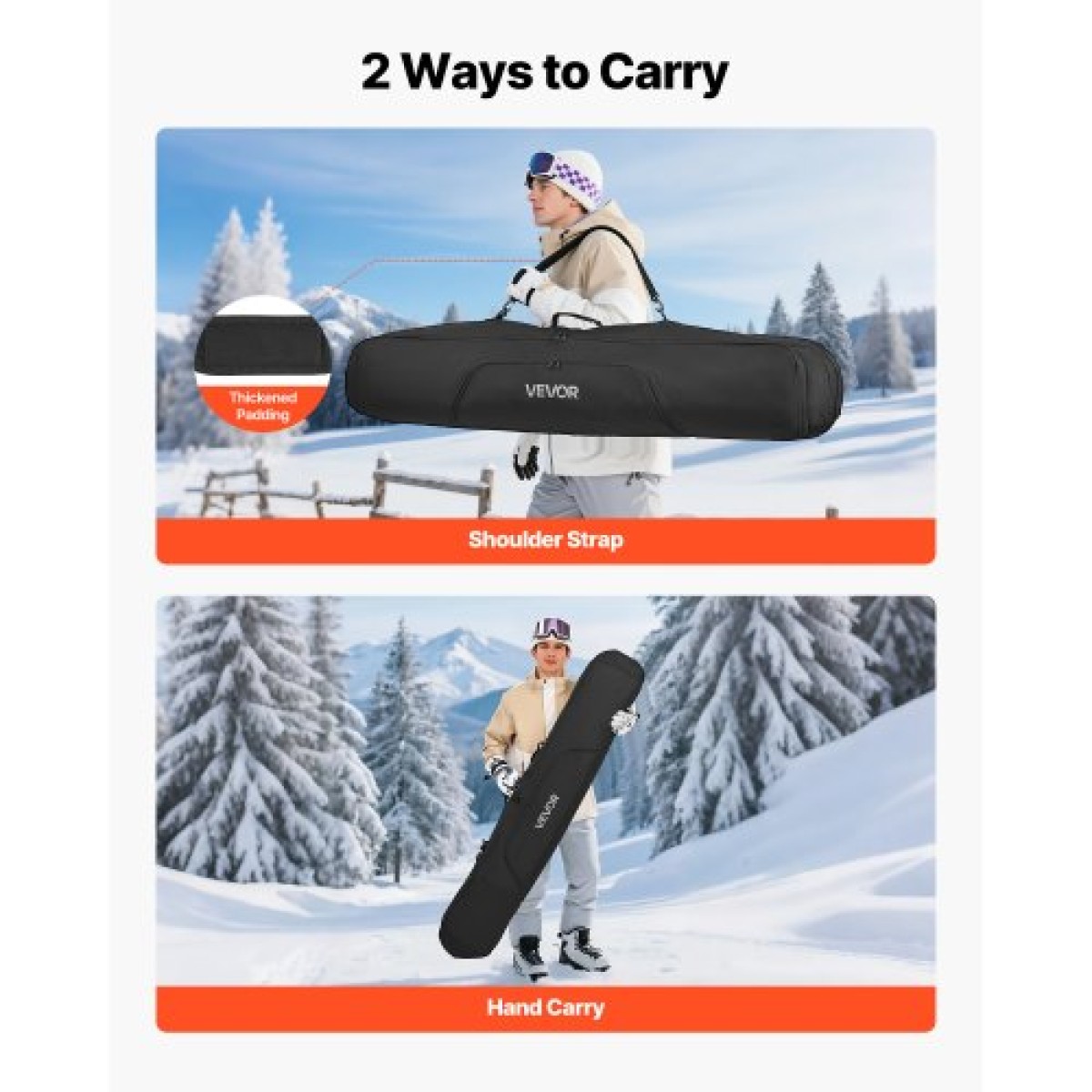 Τσάντα VEVOR Snowboard, έως 65 ίντσες/165 cm, τσάντα με επένδυση για σκι και σνόουμπορντ για αεροπορικά ταξίδια, 600D αδιάβροχο ύφασμα Oxford, με ρυθμιζόμενους εσωτερικούς ιμάντες, για μπότες κράνους γυαλιά γυαλιά για σκι (Μαύρο)