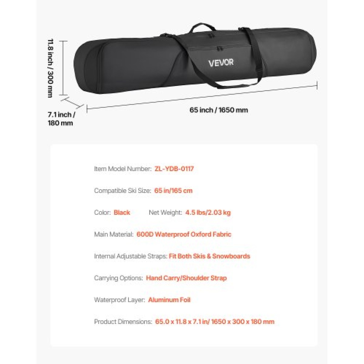 Τσάντα VEVOR Snowboard, έως 65 ίντσες/165 cm, τσάντα με επένδυση για σκι και σνόουμπορντ για αεροπορικά ταξίδια, 600D αδιάβροχο ύφασμα Oxford, με ρυθμιζόμενους εσωτερικούς ιμάντες, για μπότες κράνους γυαλιά γυαλιά για σκι (Μαύρο)