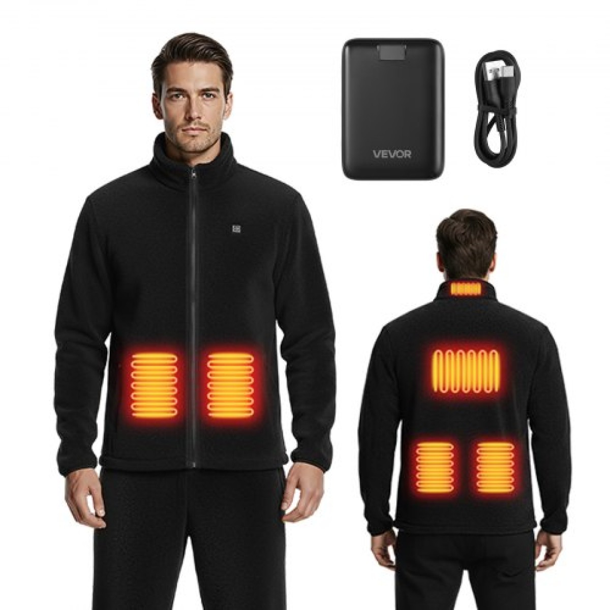 VEVOR Θερμαινόμενο Fleece Jacket για άνδρες, Θερμαινόμενο φούτερ με 7,4V 16000mAh Rechargeable Power Bank Pack, 6 Ζώνες Θέρμανσης, 3 Επίπεδα Θερμοκρασίας, 3h/6h/10h Warmth, για Χειμερινό Υπαίθριο Κάμπινγκ, Μαύρο