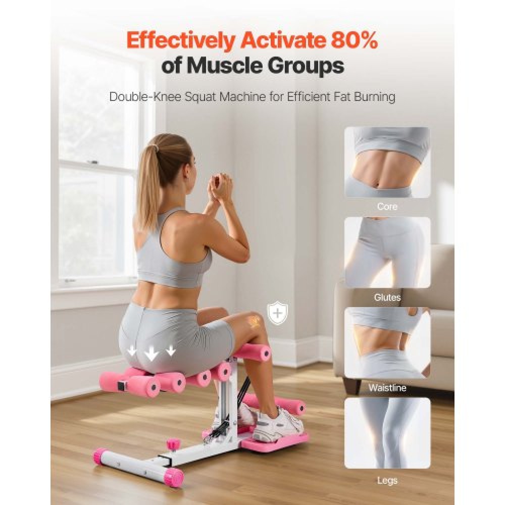 VEVOR Deep Squat Machine, Adjustable Glutes Trainer Machine with 3 High-Strength Resistance Bands, Folding Core Leg & Glutes Exercise Trainer, Push Up Workout Equipment at Home Gym, Pink + White