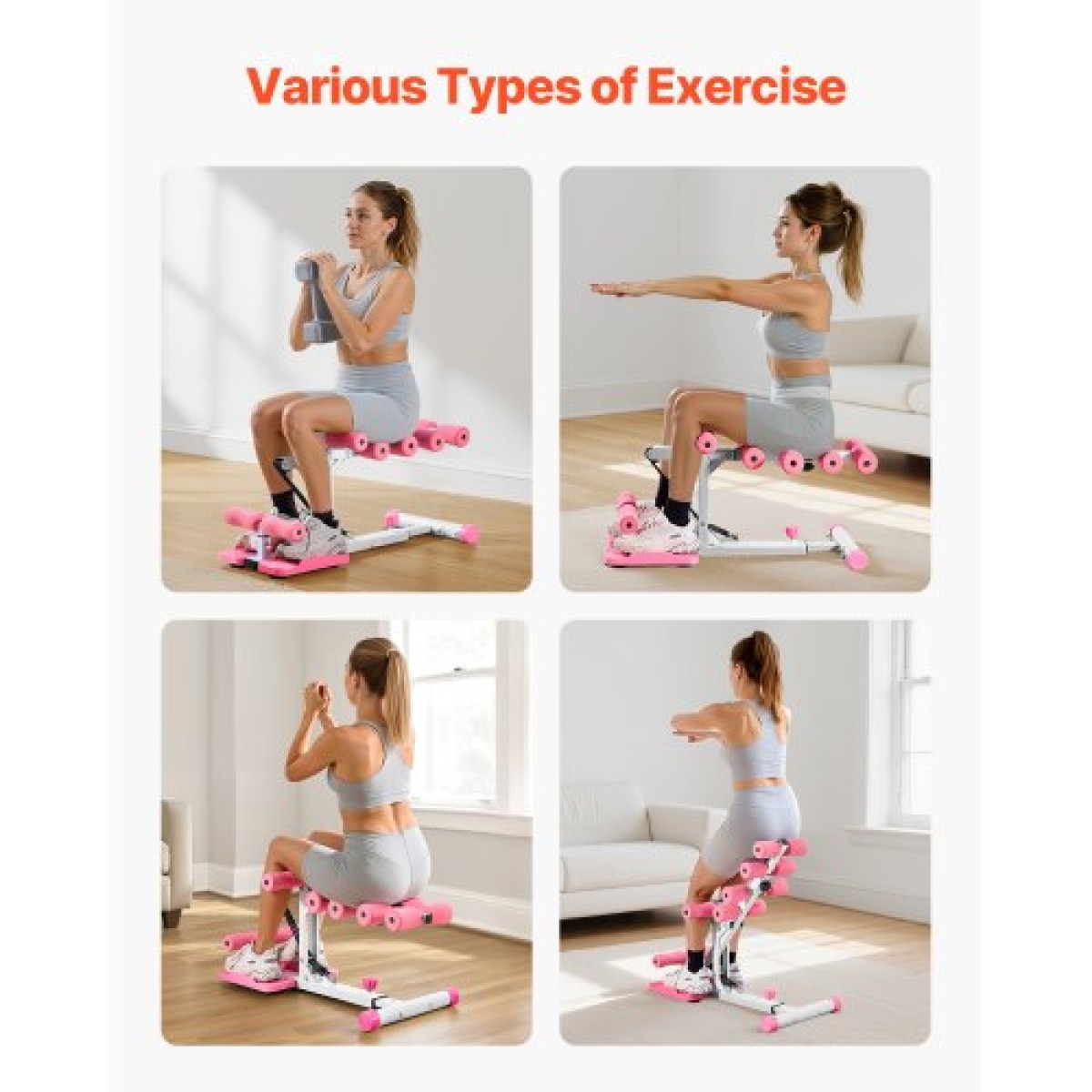 Μηχάνημα VEVOR Deep Squat, Ρυθμιζόμενο Μηχάνημα Εκγύμνασης Γλουτών με 3 Ζώνες Αντίστασης Υψηλής Αντοχής, Προπονητής άσκησης Πτυσσόμενου Πυρήνα και Γλουτών, Εξοπλισμός Προπόνησης Push Up στο Γυμναστήριο στο σπίτι, Ροζ + Λευκό