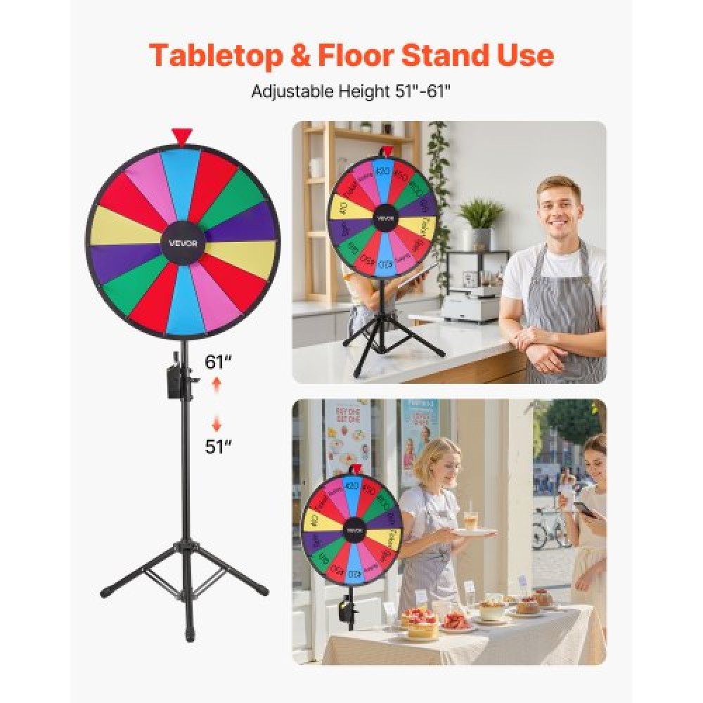 VEVOR 610 mm Spinning Prize Wheel, 14 Slots Spinning Wheel with Tripod, Adjustable Height Win Fortune Roulette with a Dry Erase and 2 Markers, 6 Colors, Easy Assembly, for Party Pub Trade Show Carnival