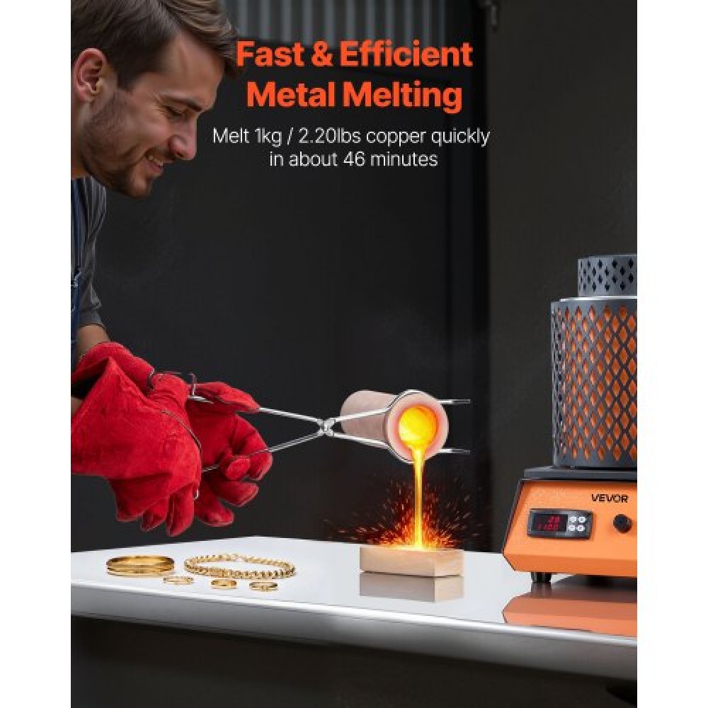 VEVOR Electric Melting Furnace, 1350W Electric Metting Furnace Kit, 2102℉/1150℃ Μηχανή τήξης μετάλλων με κεραμικό χωνευτήριο 3kg, κιτ τήξης χρυσού για κατασκευή κοσμημάτων, μεταλλικές ράβδοι, μεταλλικά εξαρτήματα