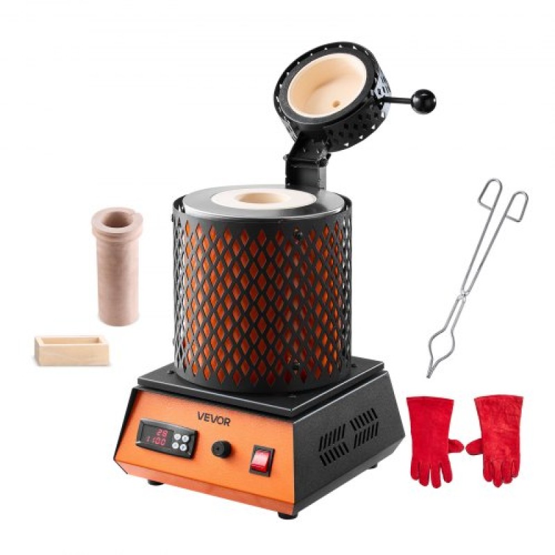 VEVOR Electric Melting Furnace, 1350W Electric Metting Furnace Kit, 2102℉/1150℃ Μηχανή τήξης μετάλλων με κεραμικό χωνευτήριο 3kg, κιτ τήξης χρυσού για κατασκευή κοσμημάτων, μεταλλικές ράβδοι, μεταλλικά εξαρτήματα