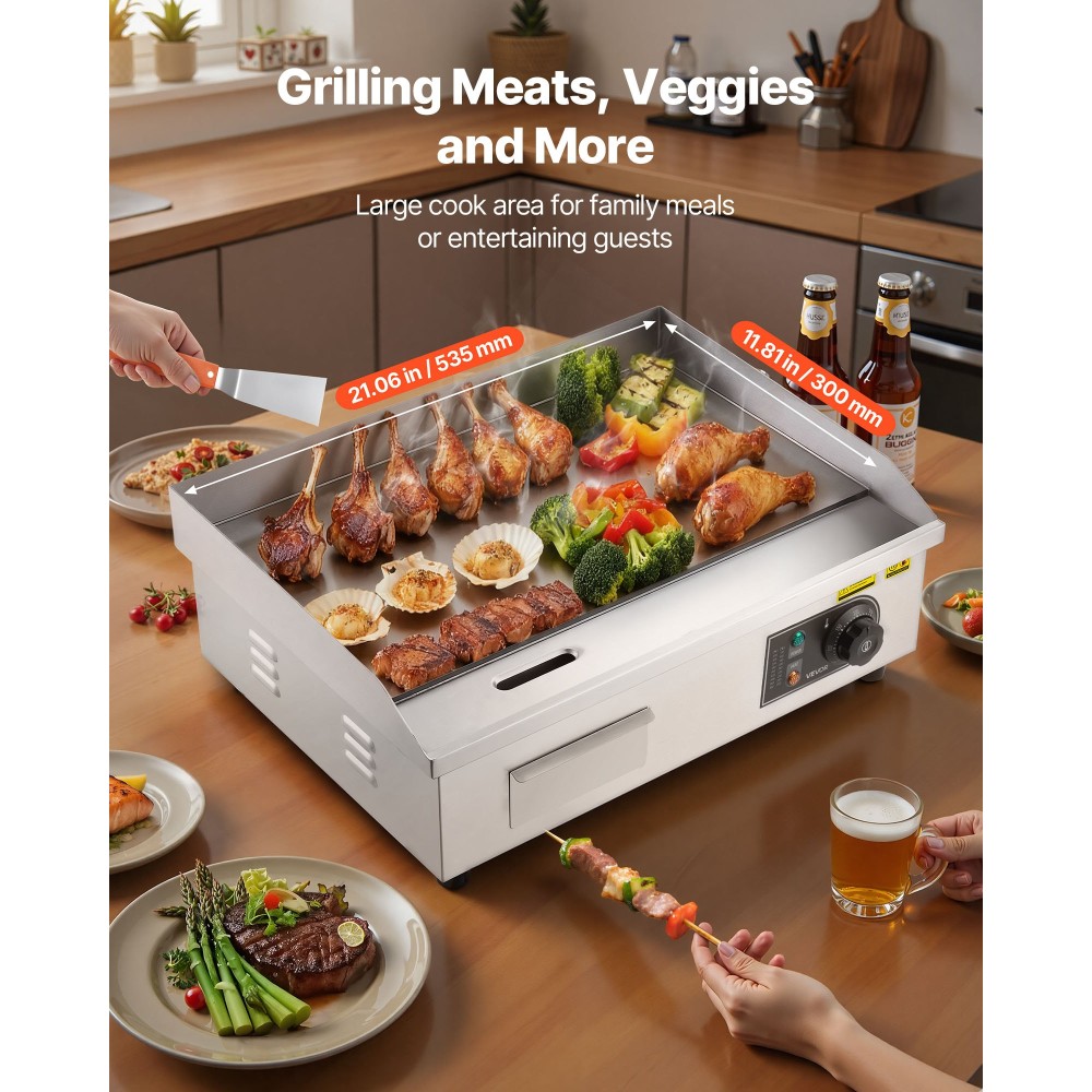 Εμπορική ηλεκτρική σχάρα VEVOR, 535 x 300 mm, 3200W, ρυθμιζόμενος έλεγχος θερμοκρασίας 50-300°C, Επίπεδη σχάρα από ανοξείδωτο χάλυβα με 2 σπάτουλες, 2 βούρτσες και 4 επιθέματα ποδιών, για μπριζόλα, τηγανίτα