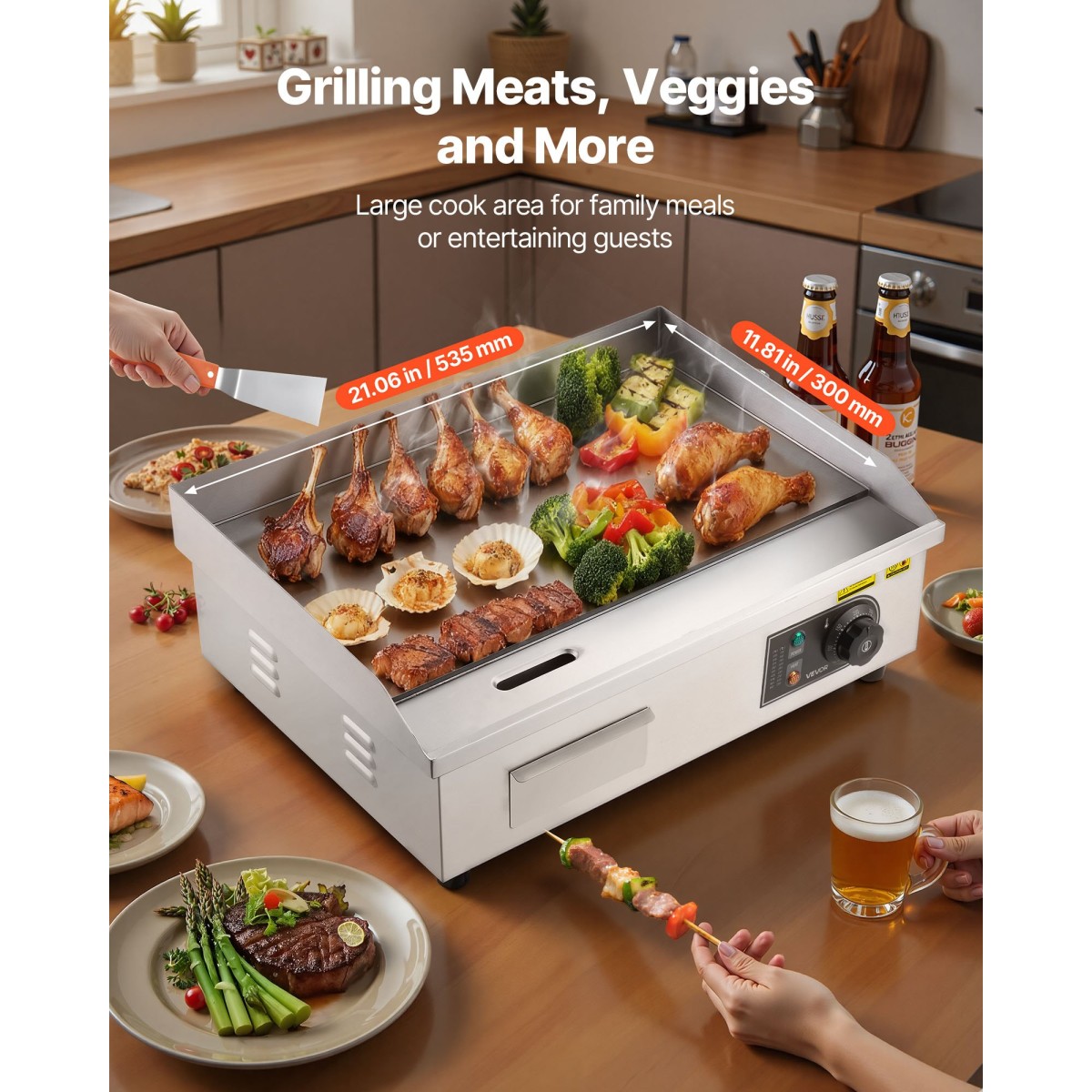 Εμπορική ηλεκτρική σχάρα VEVOR, 535 x 300 mm, 3200W, ρυθμιζόμενος έλεγχος θερμοκρασίας 50-300°C, Επίπεδη σχάρα από ανοξείδωτο χάλυβα με 2 σπάτουλες, 2 βούρτσες και 4 επιθέματα ποδιών, για μπριζόλα, τηγανίτα